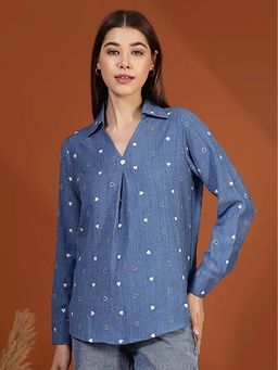 FITHUB - Blue Women Embroidered Casual Wear Top