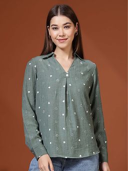 FITHUB - Olive Women Embroidered Casual Wear Top
