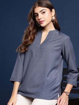 FITHUB - Grey Women Solid Mandarin Collar Pleated Top
