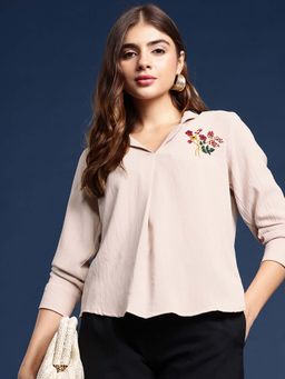 FITHUB - Cream Women Elegant Embroidered Formal Top