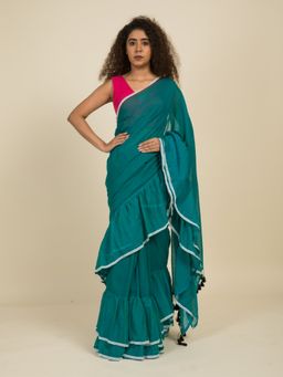 Suta - Blue Pure Cotton Ruffle Saree with Lace