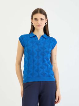 ELLE - Women Blue Knitted Johny Collar Polo T-Shirt