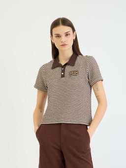 ELLE - Women Brown Striped Polo Collar Polo T-Shirt