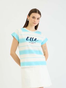ELLE - Women Blue Striped Round Neck Short Sleeves T-Shirt