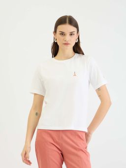 ELLE - Women White Solid Round Neck Short Sleeves T-Shirt