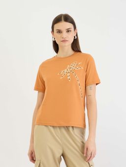 ELLE - Women Orange Embellished Round Neck Short Sleeves T-Shirt