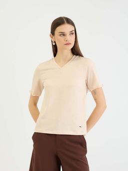 ELLE - Women Beige V Neck Short Sleeves T-Shirt