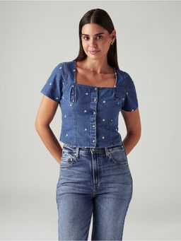 Levi's - Women's Floral Embroidered Blue Square Neck Tops
