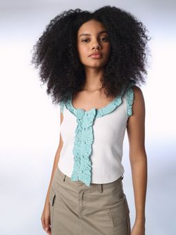 ONLY - Women's Checks Regular Fit White Crop Top