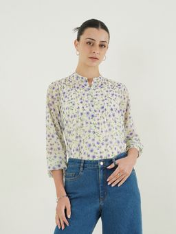 FABLE STREET - Georgette Floral Full Sleeves Mandarin Collar Top