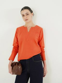 FABLE STREET - Pure Cotton Regular Fit Full Sleeve Pintuck Split Neck Top