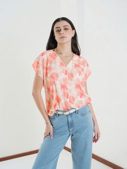 FABLE STREET - Floral Relaxed Fit Short Extended Sleeve V-Neck Top