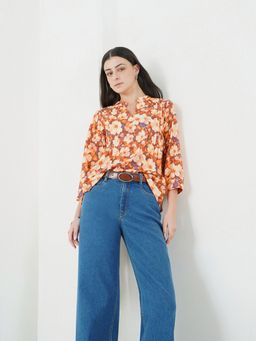 FABLE STREET - Floral Regular Fit Cuffed Long Sleeve Notched Top