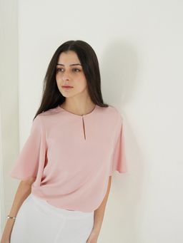 FABLE STREET - Crepe Regular Fit Solid Flutter Sleeve Keyhole Crew Neck Top