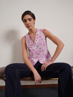 FABLE STREET - Pure Cotton Floral Print Regular Fit Sleeveless V-Neck Waistcoat
