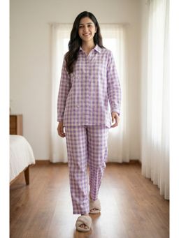 SAY - Purple Checked Collar Neck Pure Cotton Co-Ord Set For Women
