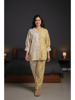 SAY - Yellow Floral Printed Collar Neck Pure Cotton Co-Ord Set For Women