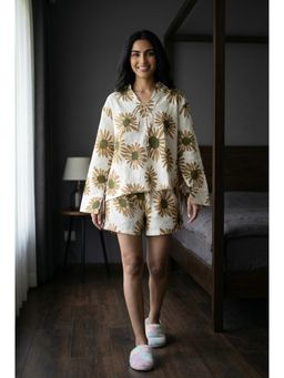 SAY - Cream Floral Printed Collar Neck Linen Co-Ord Set For Women