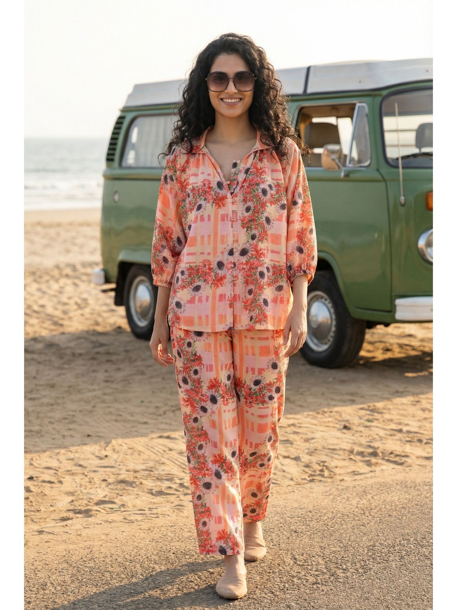 sanskrutihomes Peach Dyed Collar Neck Linen Co-Ord Set For Women-picture-38