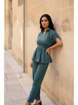 SAY - Blue Printed Collar Neck Cotton Blend Co-Ord Set For Women