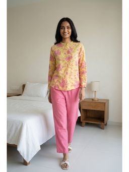 SAY - Mustard Floral Printed Mandarin Neck Pure Cotton Co-Ord Set For Women