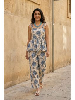 SAY - Blue Floral Printed Square Neck Pure Cotton Co-Ord Set For Women