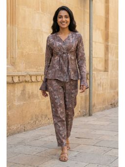 SAY - Grey Floral Printed V-Neck Pure Cotton Co-Ord Set For Women