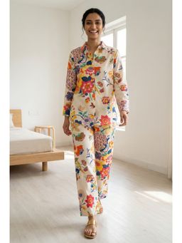 SAY - Off White Floral Printed Collar Neck Pure Cotton Co-Ord Set For Women