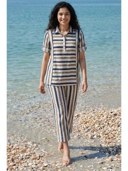 SAY - Blue Stripes Printed Collar Neck Pure Cotton Co-Ord Set For Women