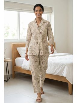 SAY - White Printed Shawl Lapel Pure Cotton Co-Ord Set For Women