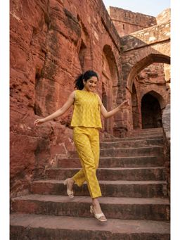 SAY - Yellow Printed Round Neck Pure Cotton Co-Ord Set For Women