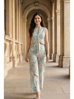 SAY - Green Floral Printed V-Neck Pure Cotton Co-Ord Set For Women