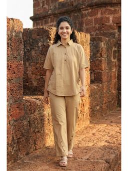 SAY - Beige Collar Neck Pure Cotton Co-Ord Set For Women