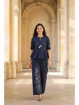 SAY - Navy Blue Round Neck Pure Cotton Co-Ord Set For Women