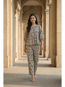 SAY - Yellow Floral Printed Round Neck Pure Cotton Co-Ord Set For Women