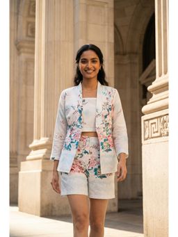 SAY - Off White Printed Shawl Lapel Cotton Blend Co-Ord Set For Women