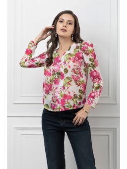 Beatnik - Georgette V Neck Full Sleeves Floral Printed Top