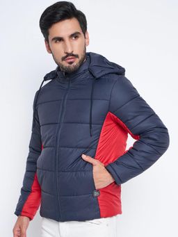 Vero Amore - Navy Blue Color Block High Neck Quilted Winter Jacket