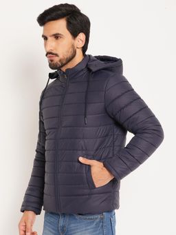 Vero Amore - Navy Blue Solid High Neck Quilted Winter Jacket