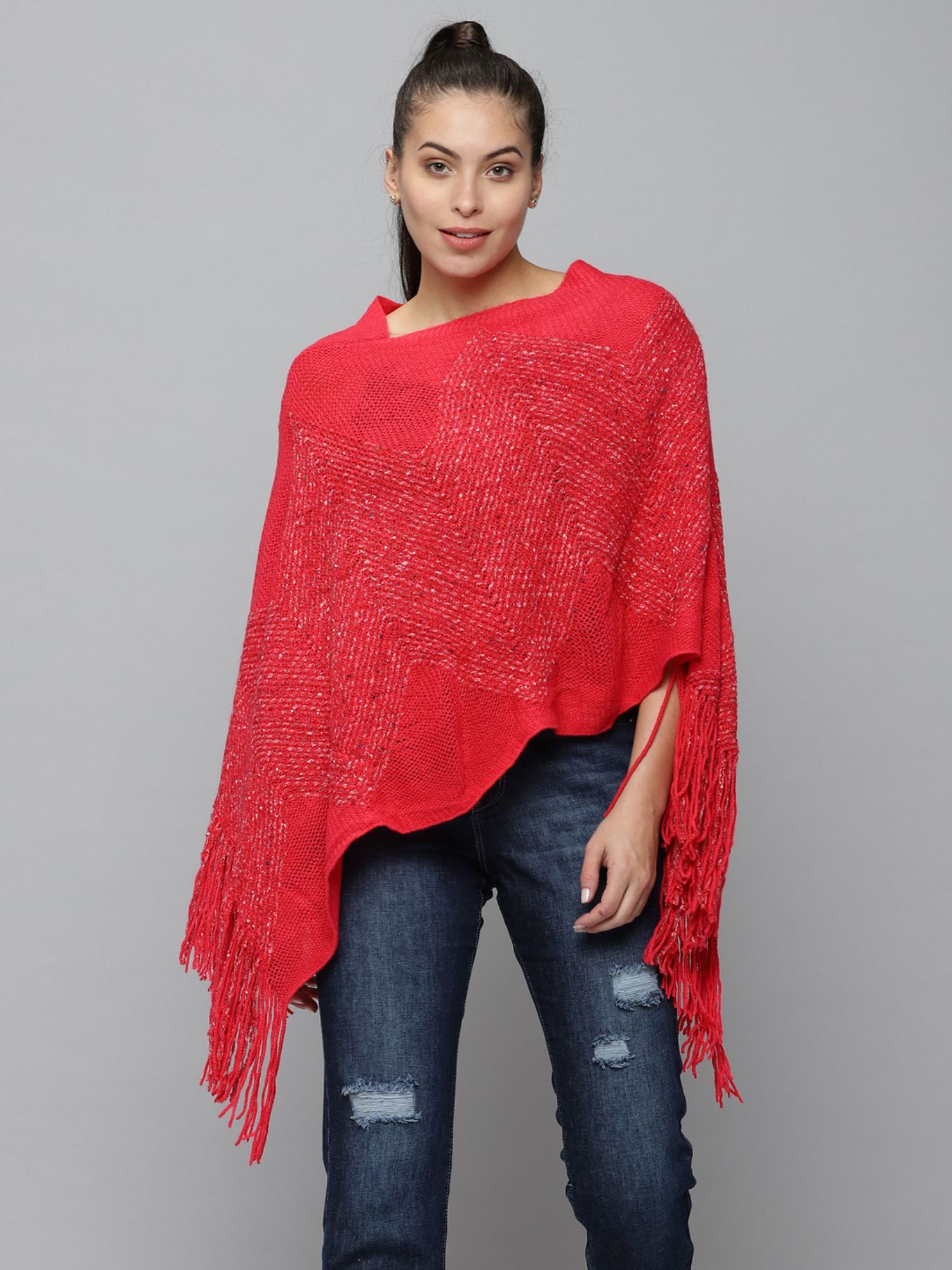 showoffff Womens Sleeveless Longline Red Solid Poncho-picture-29