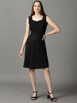 SHOWOFF - Womens A-Line Black Self Design Knee Length Dress