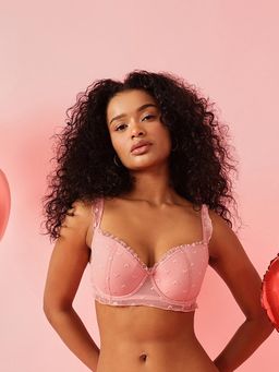 Chelvet - Pink Lightly Padded Underwired Demi Coverage Mesh Bra