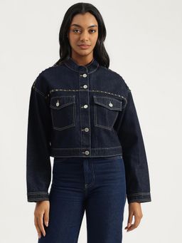 United Colors of Benetton - Blue Band Neck Solid Studded Raw Denim Trucker Jacket