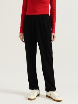 United Colors of Benetton - Black Solid Crop Pull Up Folded Hem Pant