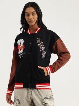 United Colors of Benetton - Black Band Neck Typography Varsity Sweatshirt