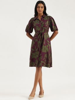 United Colors of Benetton - Green Spread Collar Floral Stylised Short Shirt Dress with Belt