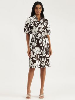 United Colors of Benetton - Brown Spread Collar Floral Stylised Short Shirt Dress with Belt