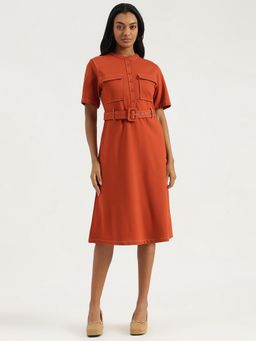 United Colors of Benetton - Orange Spread Collar Solid A-Line Dress with Belt