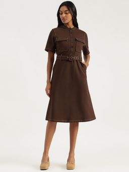 United Colors of Benetton - Brown Spread Collar Solid A-Line Dress with Belt