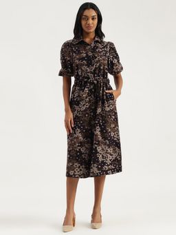 United Colors of Benetton - Multi-Color Floral Corduroy A-Line Shirt Dress with Belt